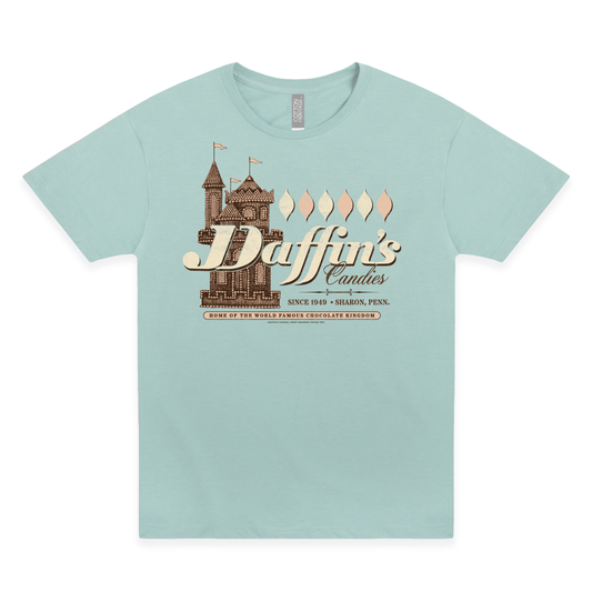daffins chocolate kingdom graphic t shirt vintage chocolate shop unisex sharon pennsylvania nostalgia tee