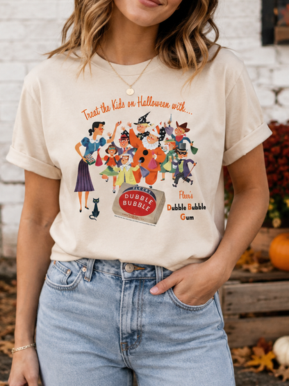 Female model wearing Dubble Bubble Treat the Kids on Halloween vintage-inspired candy T-shirt featuring retro Halloween trick-or-treat artwork.