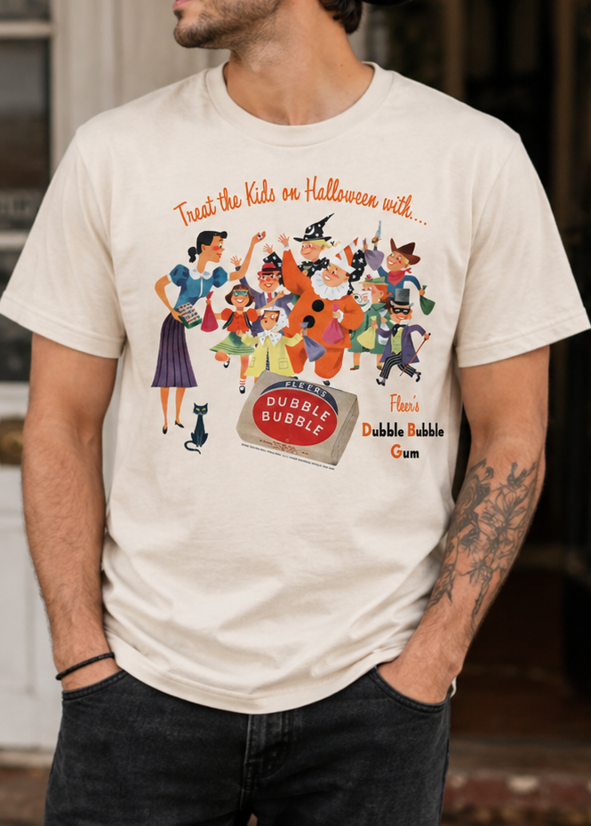 Male model wearing Dubble Bubble Treat the Kids on Halloween vintage graphic T-shirt with retro bubble gum and trick-or-treat artwork.