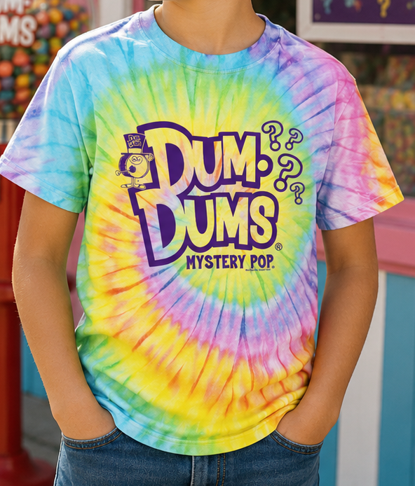 Child wearing the Officially Licensed Dum Dums® Mystery Pop Tie-Dye Tee featuring the colorful Mystery Pop logo on a vibrant rainbow tie-dye youth T-shirt.