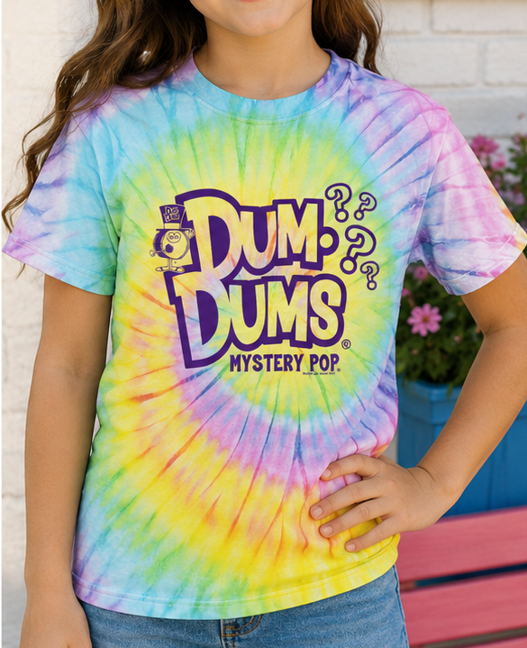 Girl wearing the Officially Licensed Dum Dums® Mystery Pop Tie-Dye Tee with a colorful rainbow tie-dye design and classic Dum Dums® Mystery Pop graphic.