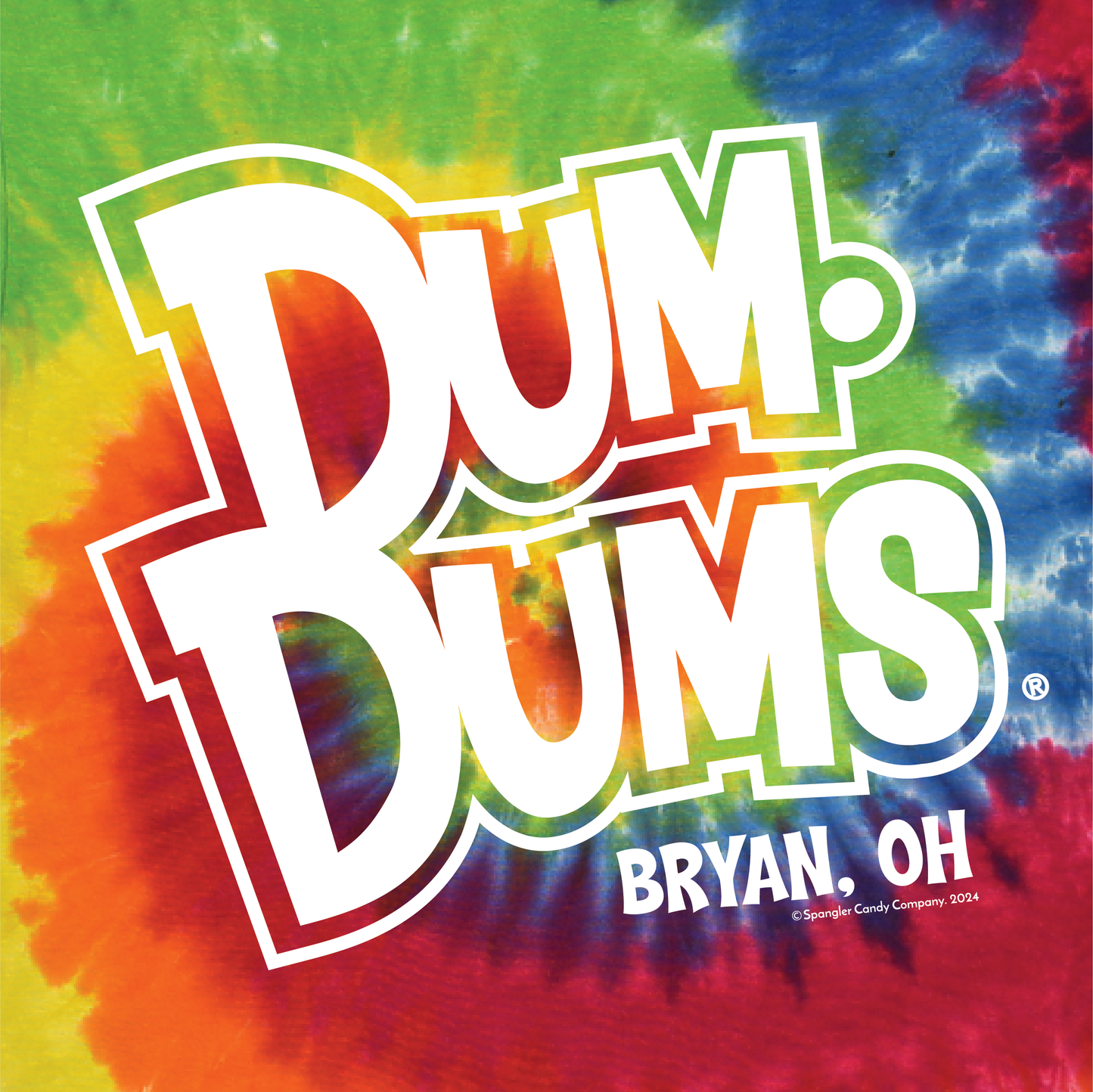 Officially licensed Dum Dums® Ohio graphic featuring the classic Dum Dums® logo with Bryan, Ohio on a colorful rainbow tie-dye background.