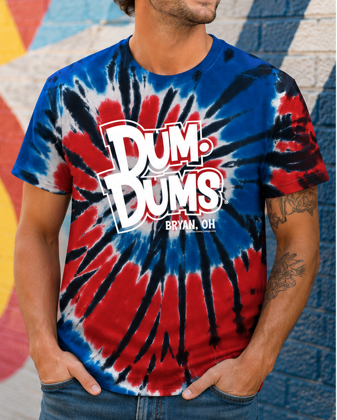 Man wearing the Officially Licensed Dum Dums® Ohio Tie-Dye Tee featuring the classic Dum Dums® logo and Bryan, Ohio design.