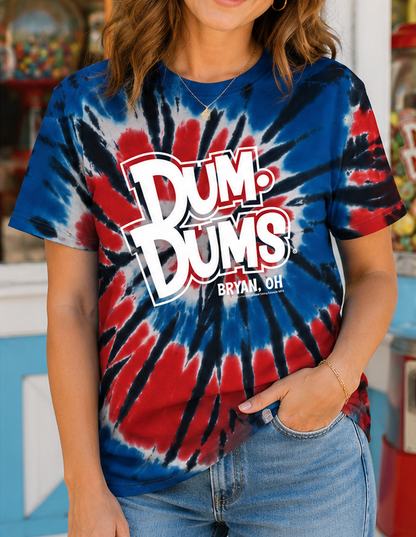 Woman wearing the Officially Licensed Dum Dums® Ohio Tie-Dye Tee featuring the iconic Dum Dums® logo and Bryan, Ohio graphic.