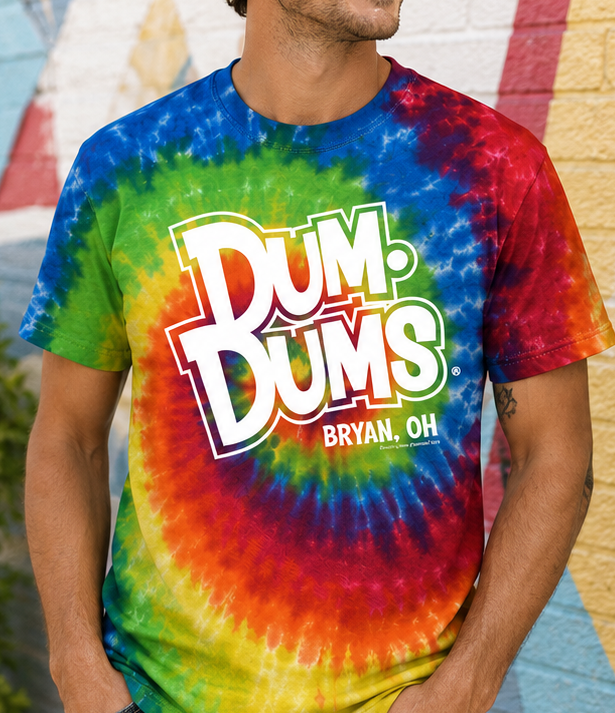 Man wearing the Officially Licensed Dum Dums® Ohio Tie-Dye Tee featuring the classic Dum Dums® logo and Bryan, Ohio design.