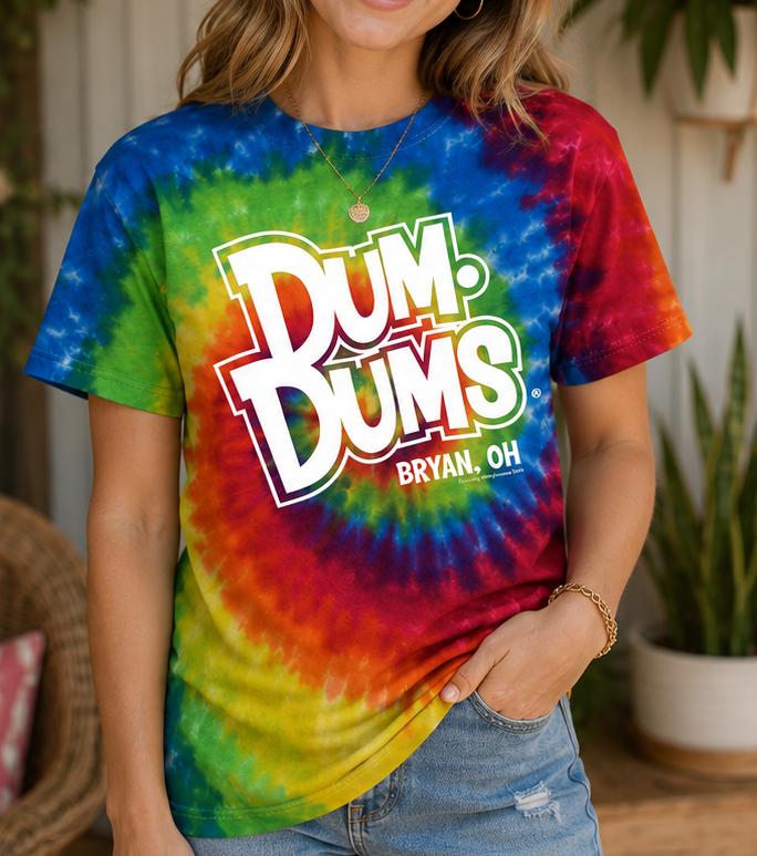 Woman wearing the Officially Licensed Dum Dums® Ohio Tie-Dye Tee featuring the iconic Dum Dums® logo and Bryan, Ohio graphic.
