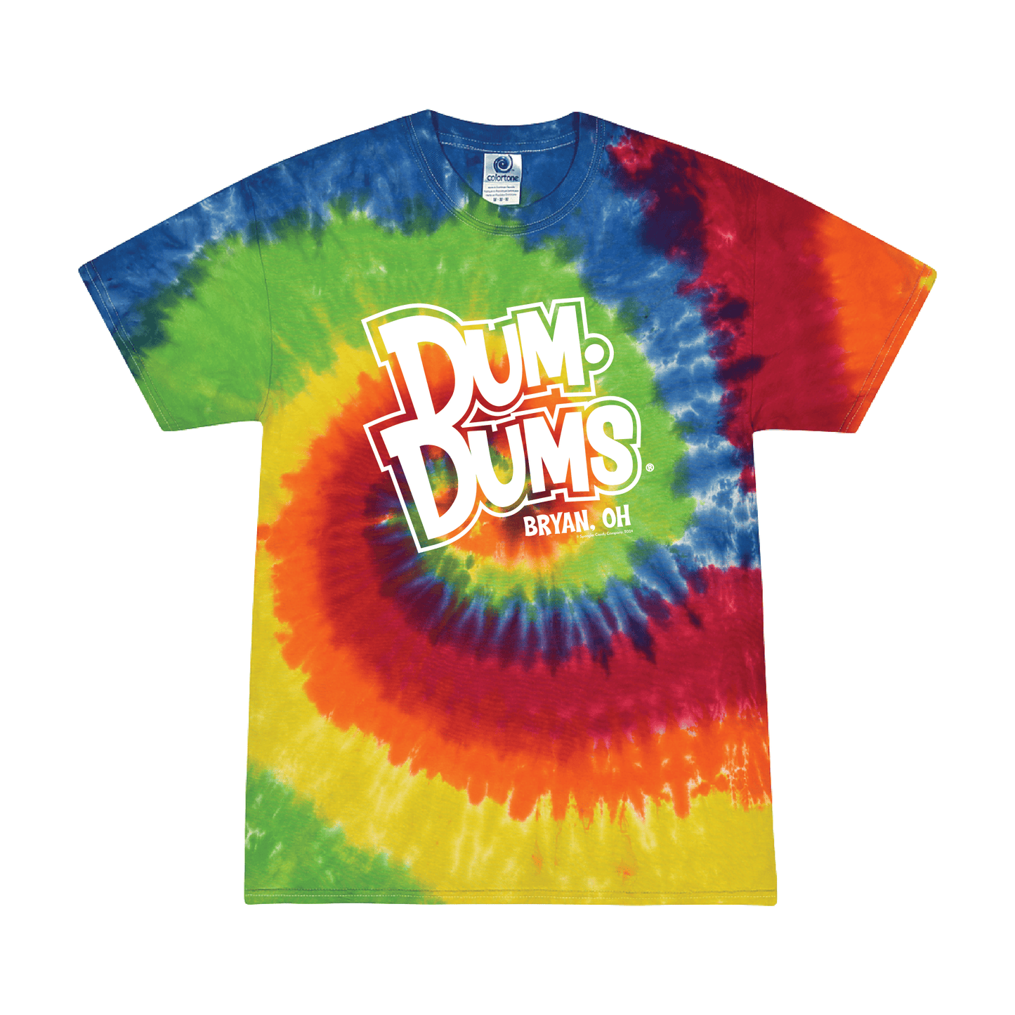 Officially licensed Dum Dums® Ohio Tie-Dye Tee featuring the iconic Dum Dums® logo and Bryan, Ohio text on a vibrant rainbow spiral tie-dye T-shirt.