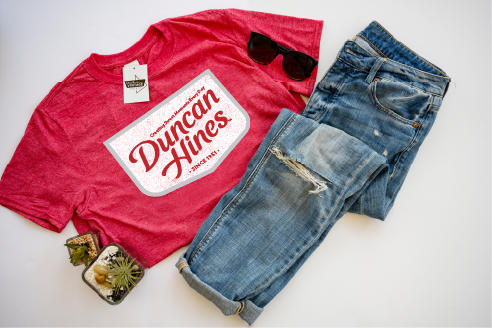duncan hines since 1951 graphic t shirt laid flat retro baking brand apparel