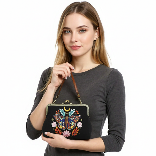 COMECO INC - Moon Moth Vintage Kiss Lock Bag in Linen Blended Material
