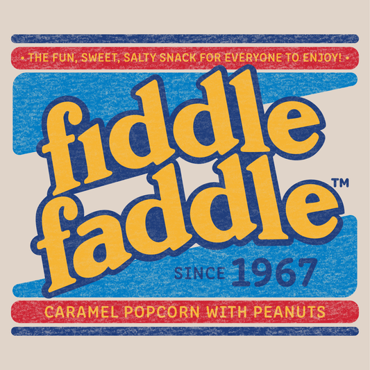 close up of fiddle faddle since 1967 retro snack logo graphic