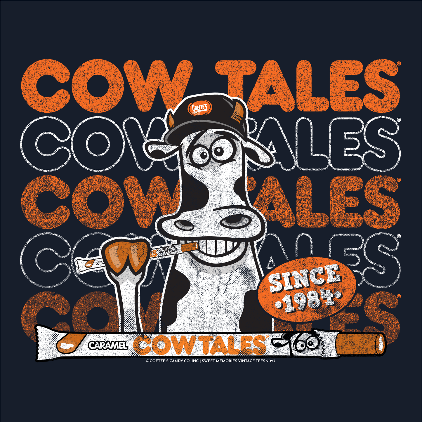 close up of goetzes cow tales brand colors vintage candy logo graphic