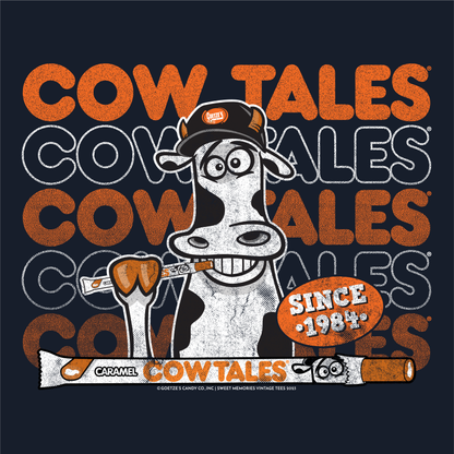 close up of goetzes cow tales brand colors vintage candy logo graphic