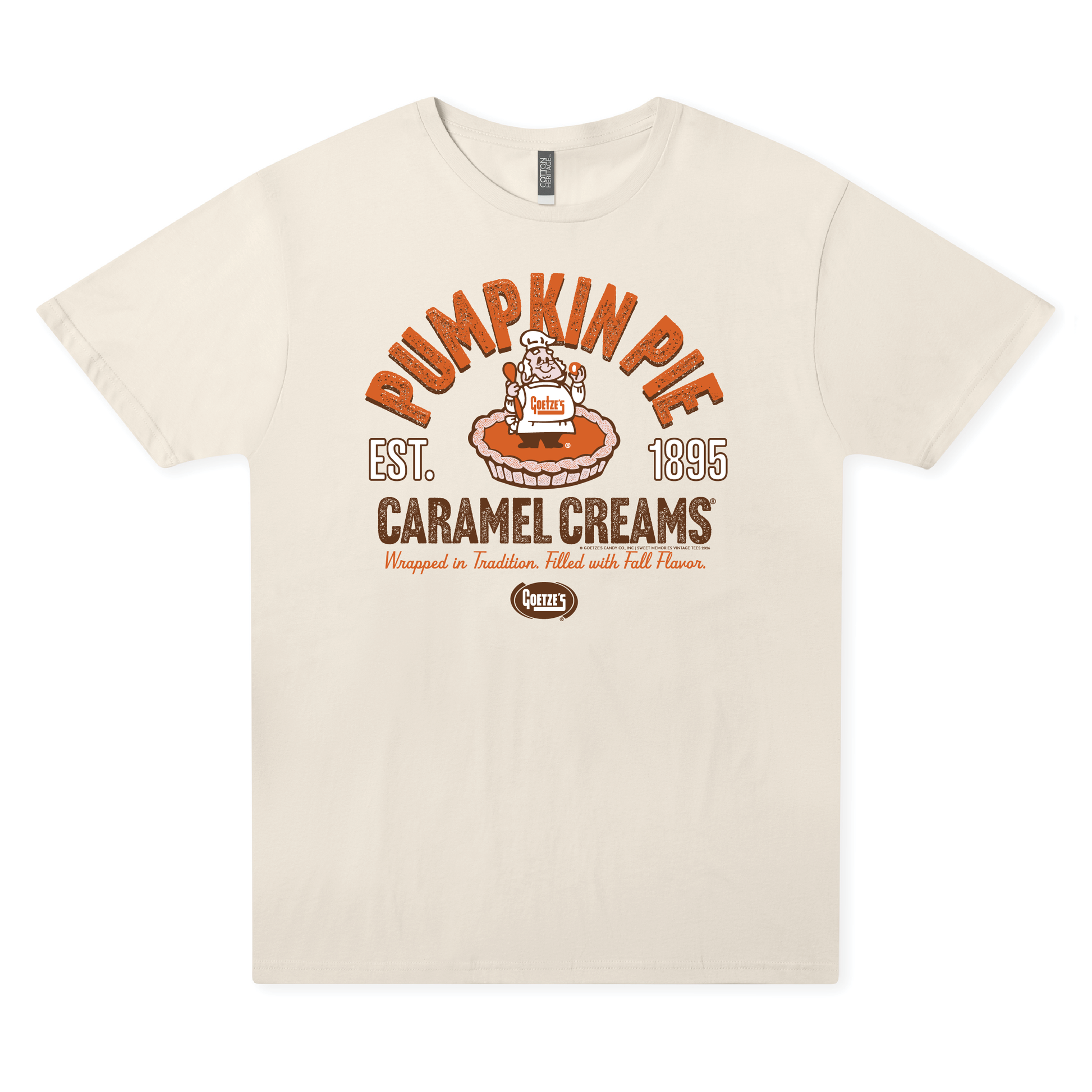 Goetze's Pumpkin Pie Caramel Creams Tee in natural cream featuring vintage-inspired pumpkin pie candy artwork for fall and autumn.