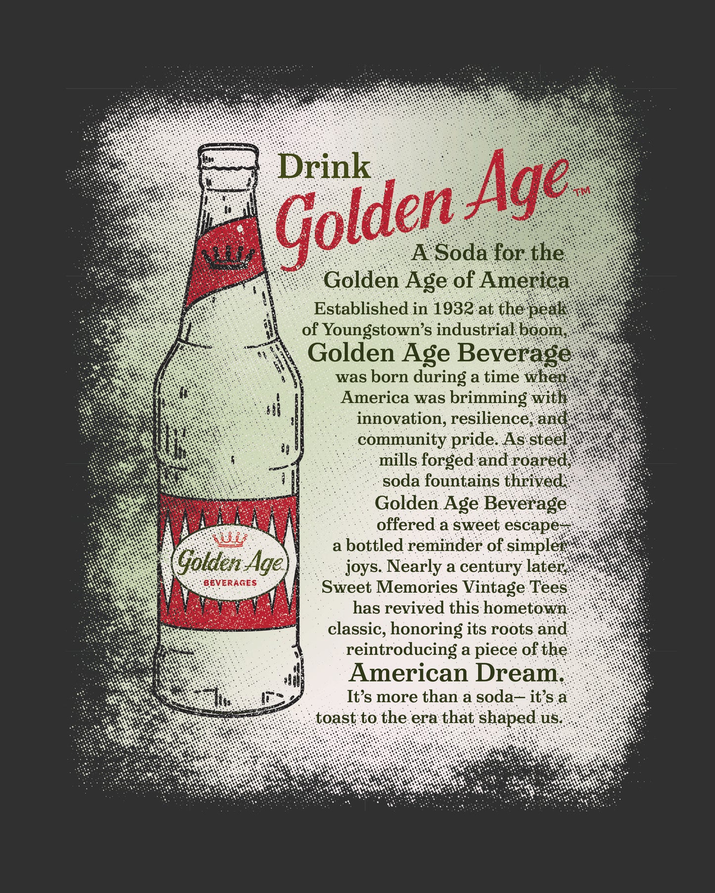 Vintage Golden Age Legacy back artwork featuring a classic Golden Age soda bottle with heritage-inspired branding, historical Youngstown story, and distressed retro design celebrating the Golden Age of America.