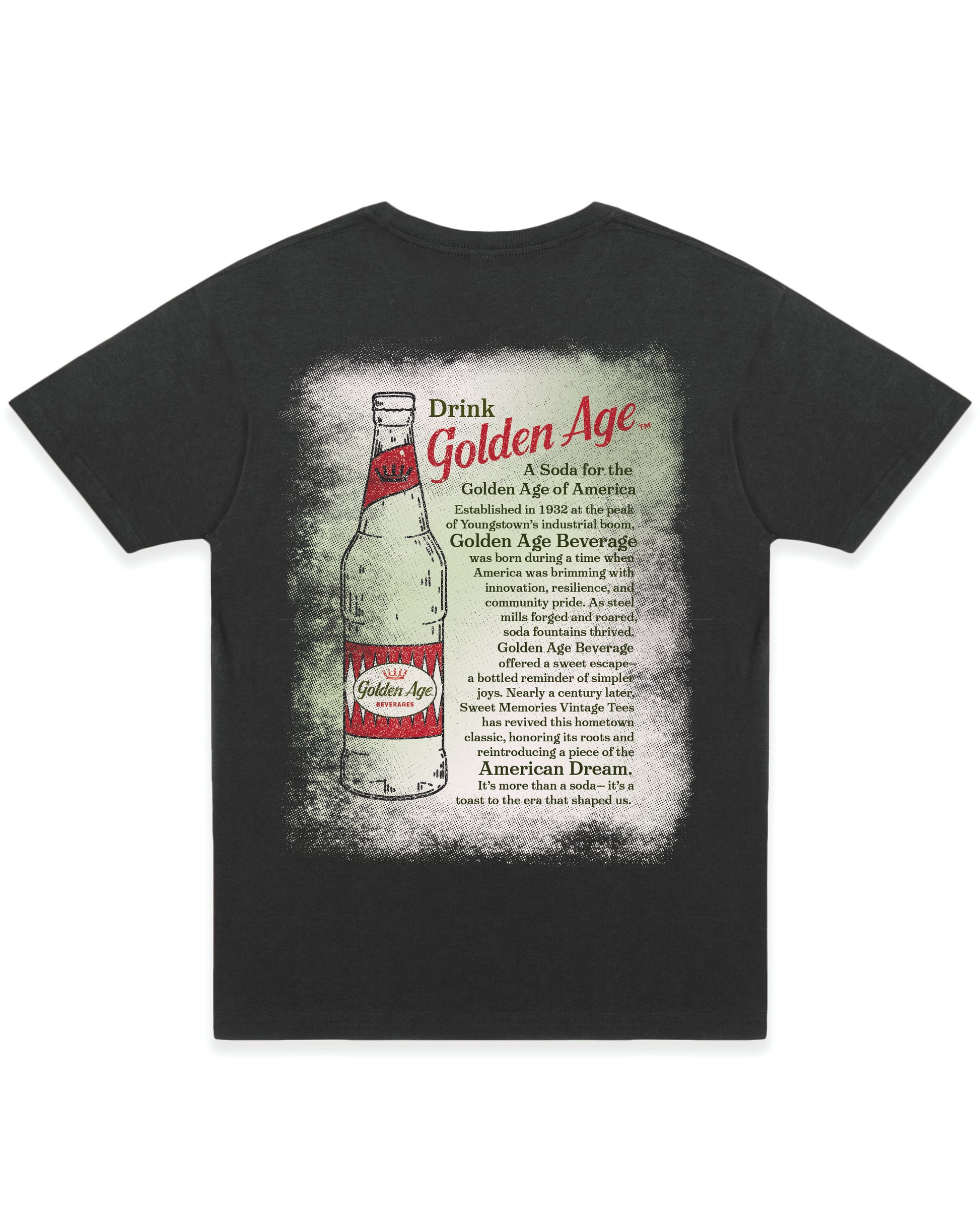 Back flatlay of the Golden Age Legacy Tee featuring a vintage Golden Age soda bottle graphic, nostalgic Youngstown heritage story, distressed retro artwork, and left chest Golden Age logo on a charcoal unisex T-shirt.