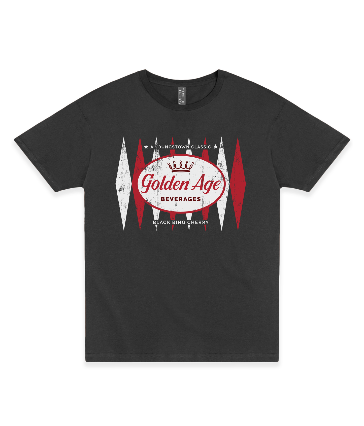 Golden Age Retro Black Bing Cherry Logo unisex graphic T-shirt featuring a distressed vintage soda logo inspired by the classic Youngstown beverage.