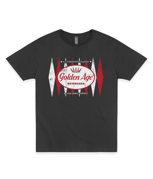 Golden Age Retro Black Bing Cherry Logo unisex graphic T-shirt featuring a distressed vintage soda logo inspired by the classic Youngstown beverage.