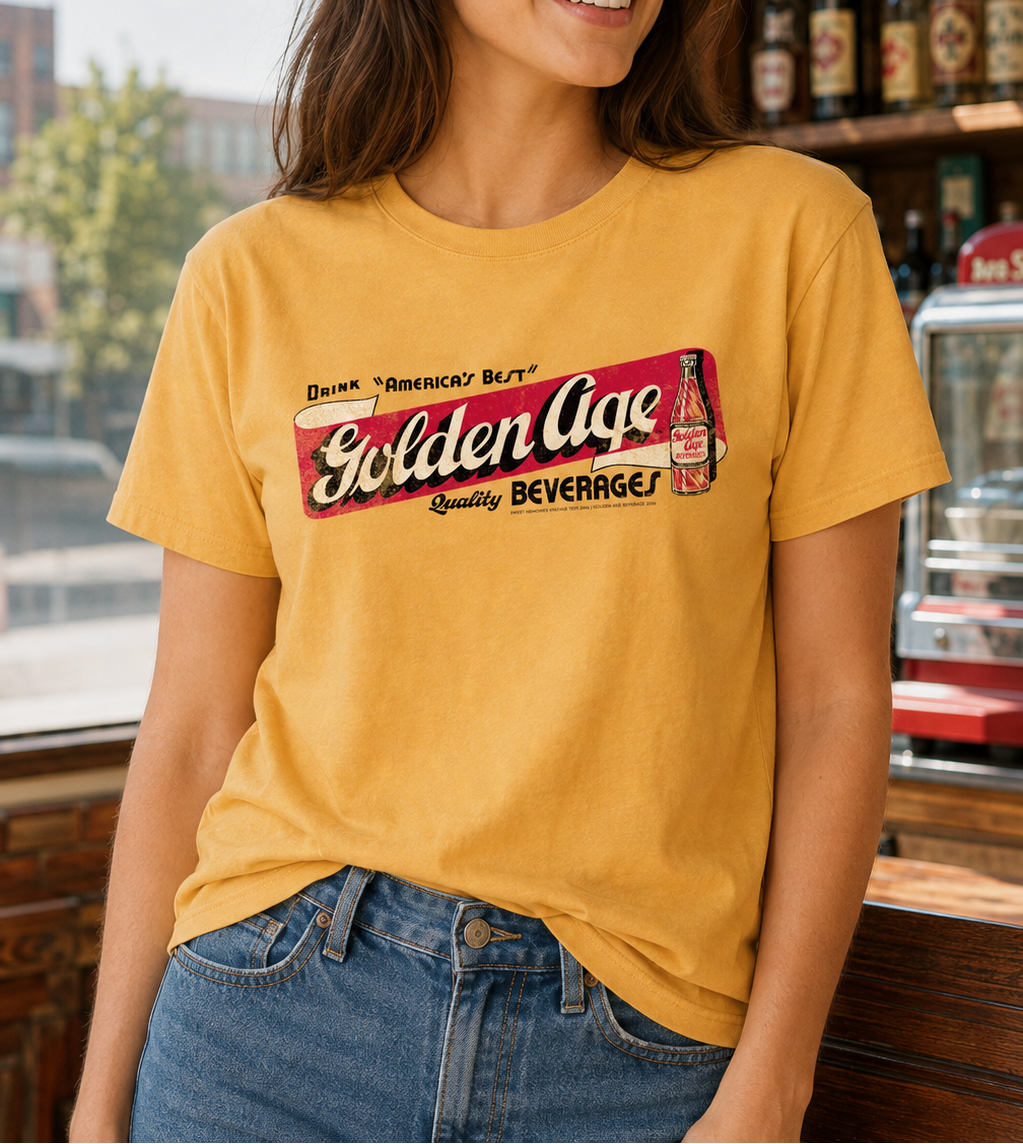 Woman wearing Golden Age Vintage Sign Tee from Youngstown Ohio, retro soda pop