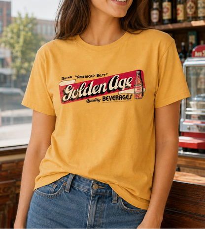 Woman wearing Golden Age Vintage Sign Tee from Youngstown Ohio, retro soda pop