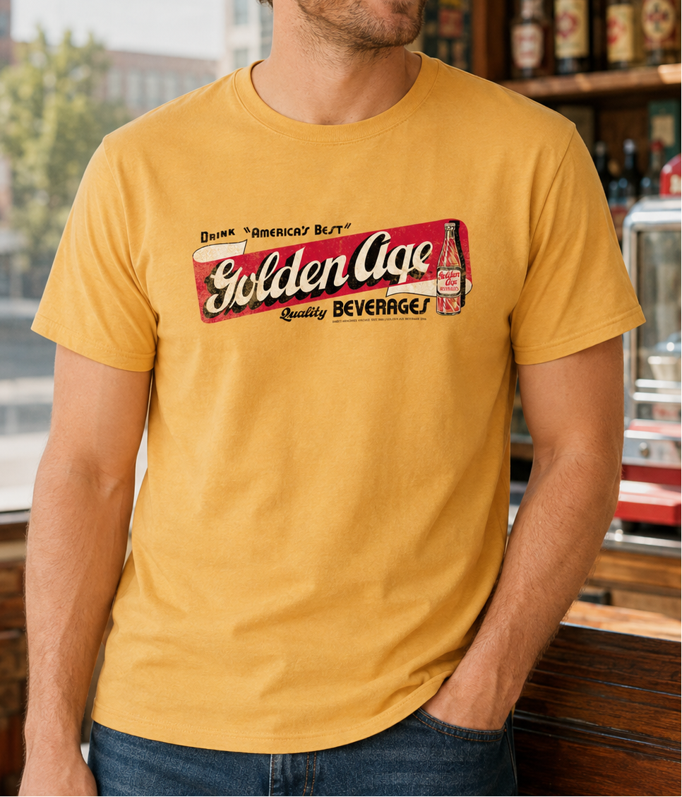 Man wearing Golden Age Vintage Sign Tee from Youngstown Ohio, retro soda pop