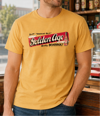 Man wearing Golden Age Vintage Sign Tee from Youngstown Ohio, retro soda pop