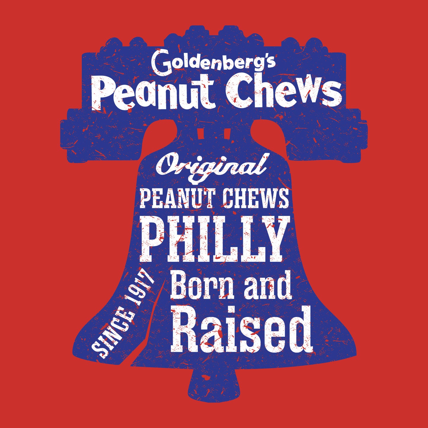 Close-up of the GOLDENBERG'S® PEANUT CHEWS® Liberty Bell back graphic with Philly Born and Raised artwork and vintage distressed details.