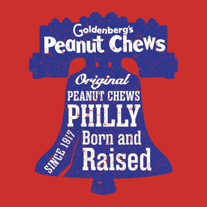 Close-up of the GOLDENBERG'S® PEANUT CHEWS® Liberty Bell back graphic with Philly Born and Raised artwork and vintage distressed details.