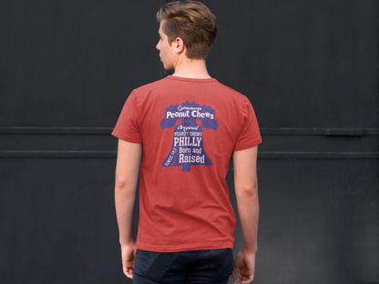 Male model wearing the back of the GOLDENBERG'S® PEANUT CHEWS® Since 1917 Liberty Bell Tee featuring the large Philly Born and Raised graphic.
