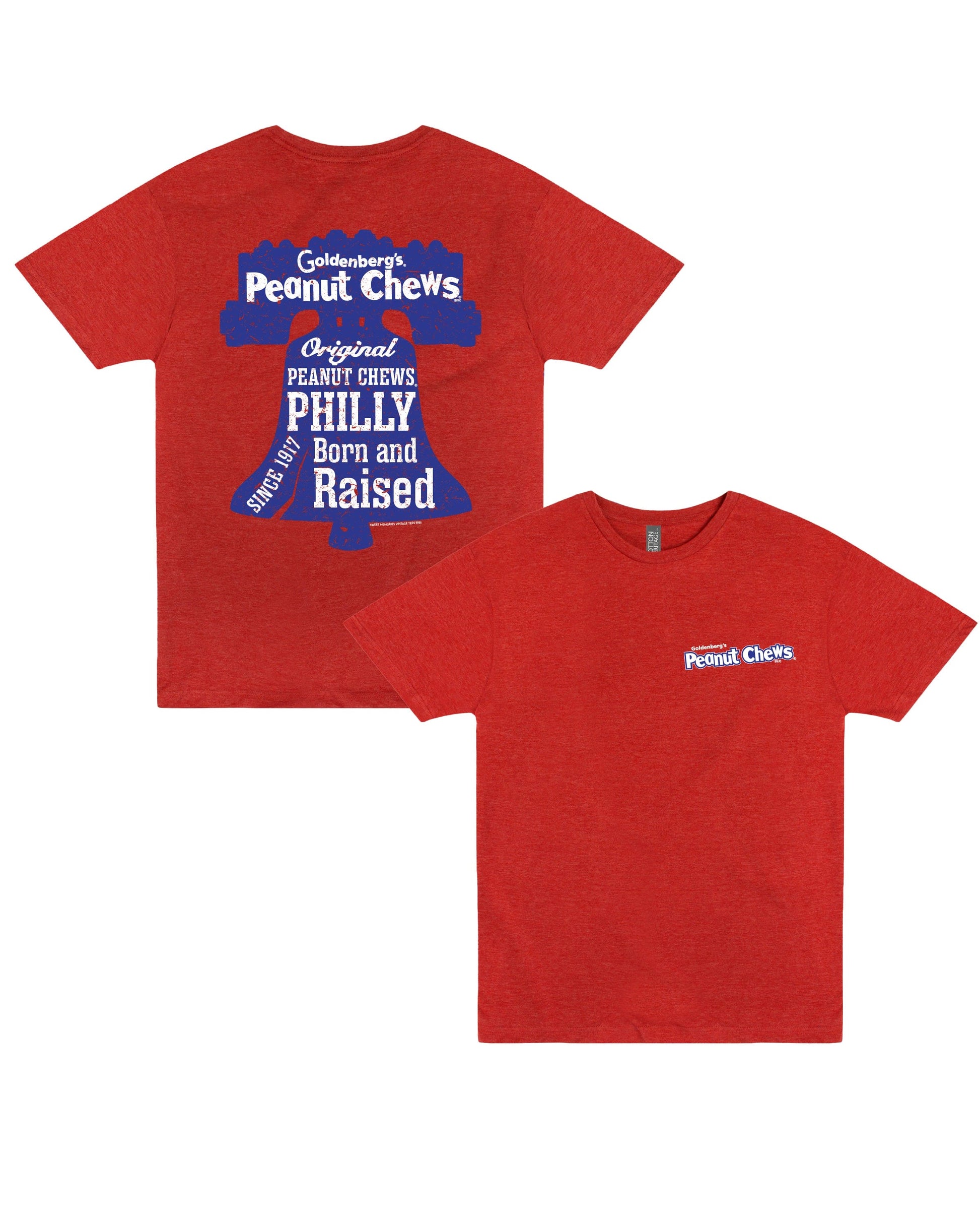GOLDENBERG'S® PEANUT CHEWS® Since 1917 Liberty Bell Tee featuring front chest logo and large Liberty Bell back graphic on a red unisex t-shirt.
