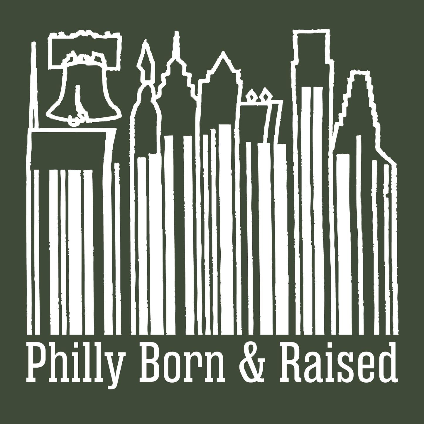 Close-up of the Philly Born & Raised skyline barcode back graphic featuring the Liberty Bell and Philadelphia skyline artwork.
