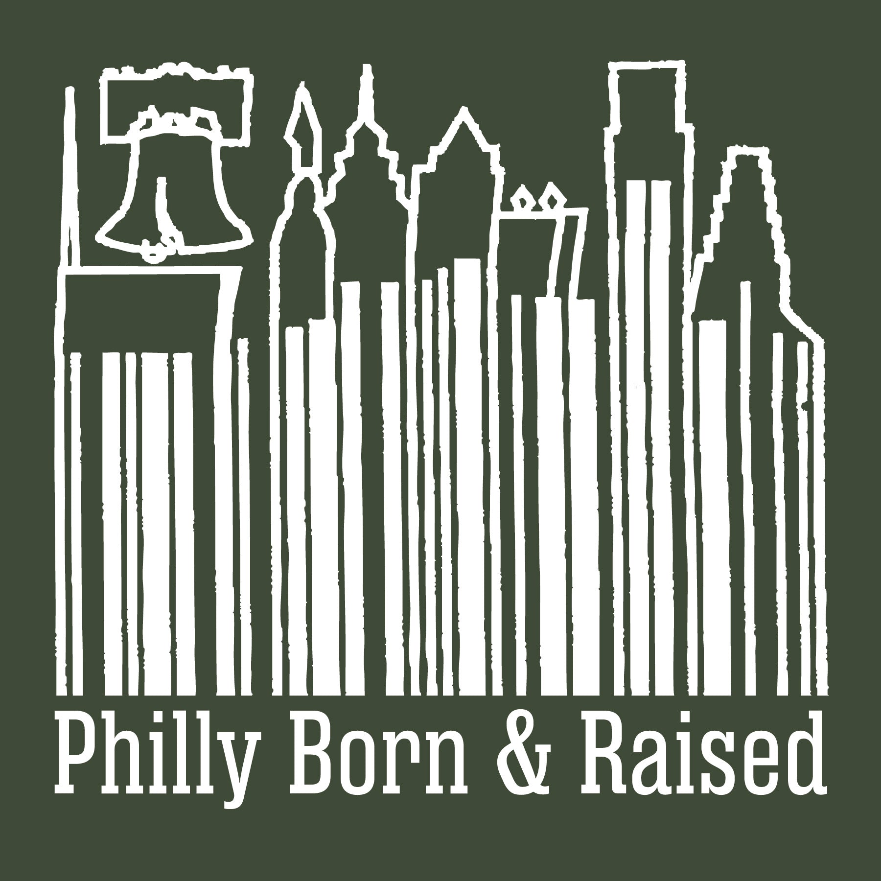 Close-up of the Philly Born & Raised skyline barcode back graphic featuring the Liberty Bell and Philadelphia skyline artwork.