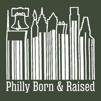 Close-up of the Philly Born & Raised skyline barcode back graphic featuring the Liberty Bell and Philadelphia skyline artwork.