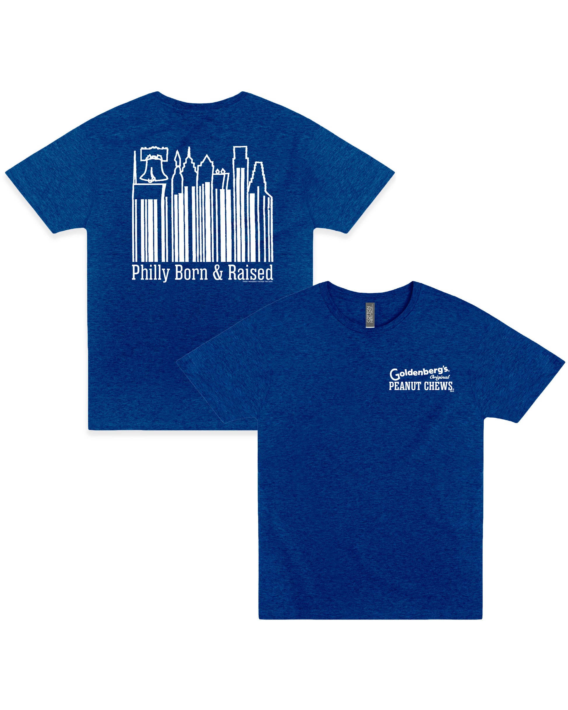 GOLDENBERG’S® PEANUT CHEWS® Philly Born & Raised Skyline Barcode Tee featuring a small front chest logo and large Philadelphia skyline barcode graphic on the back of a royal blue unisex T-shirt.