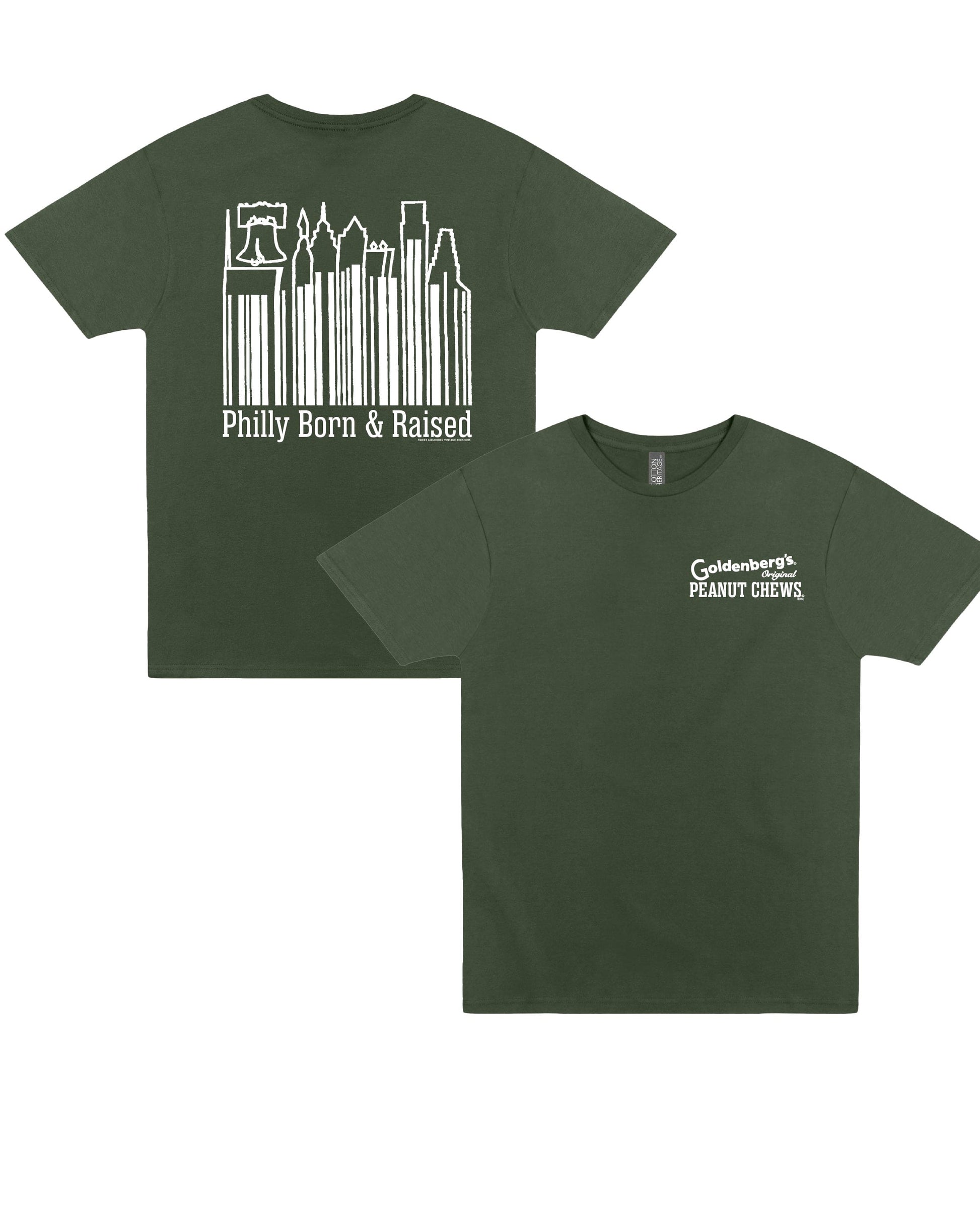 GOLDENBERG'S® PEANUT CHEWS® Philly Born & Raised Skyline Barcode Tee featuring front chest logo and large Philadelphia skyline barcode back graphic on a forest green unisex t-shirt.