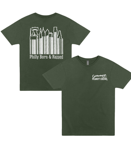 GOLDENBERG'S® PEANUT CHEWS® Philly Born & Raised Skyline Barcode Tee featuring front chest logo and large Philadelphia skyline barcode back graphic on a forest green unisex t-shirt.