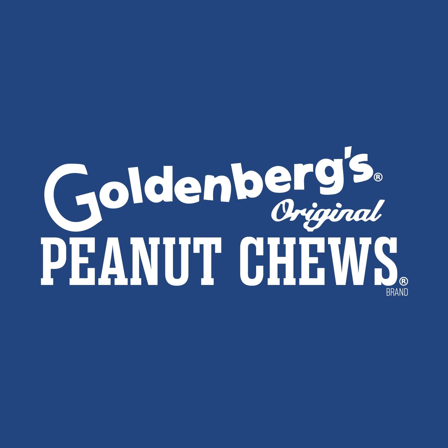GOLDENBERG’S® PEANUT CHEWS® front chest logo artwork featuring the classic Goldenberg’s Original Peanut Chews branding in white.