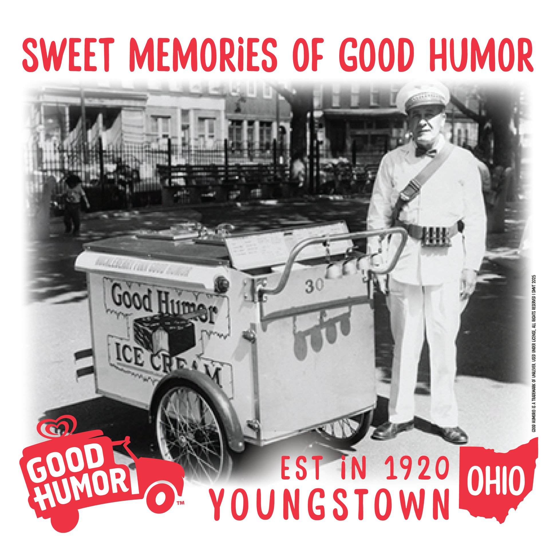 Vintage Good Humor™ Ice Cream Man artwork featuring a historic ice cream vendor photograph, retro branding, and Youngstown, Ohio heritage graphics.