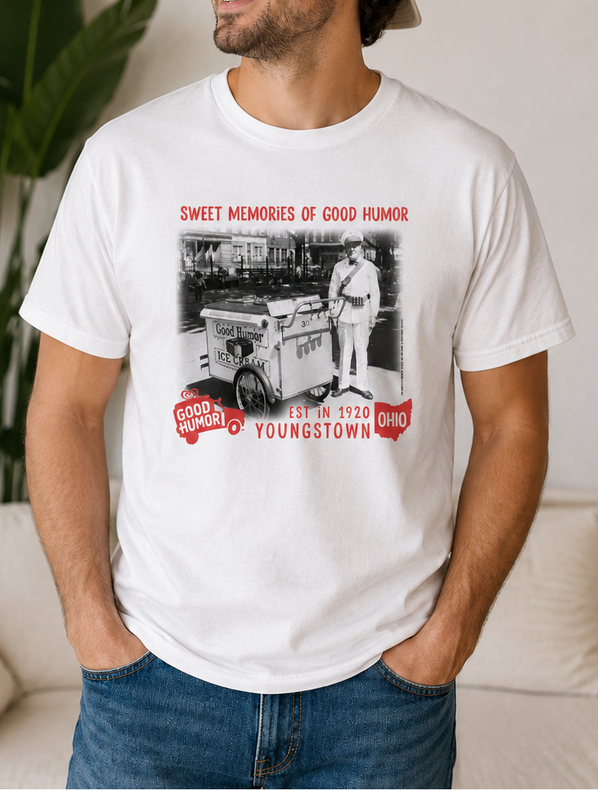 Man wearing a Good Humor™ Ice Cream Man Tee showcasing a vintage ice cream vendor photograph, classic Good Humor branding, and retro-inspired artwork.