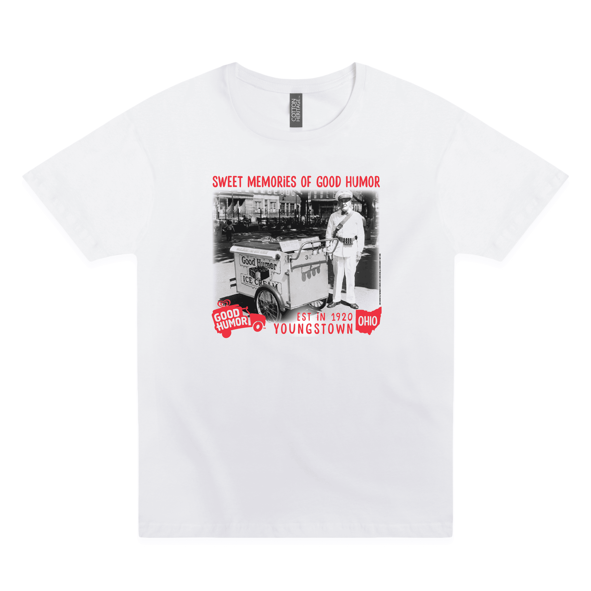 Good Humor™ Ice Cream Man Tee featuring a vintage ice cream vendor photograph, classic Good Humor truck logo, and nostalgic Youngstown, Ohio-inspired artwork on a unisex t-shirt.