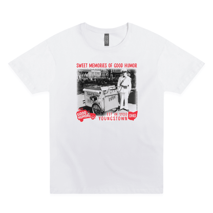 Good Humor™ Ice Cream Man Tee featuring a vintage ice cream vendor photograph, classic Good Humor truck logo, and nostalgic Youngstown, Ohio-inspired artwork on a unisex t-shirt.