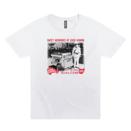 Good Humor™ Ice Cream Man Tee featuring a vintage ice cream vendor photograph, classic Good Humor truck logo, and nostalgic Youngstown, Ohio-inspired artwork on a unisex t-shirt.