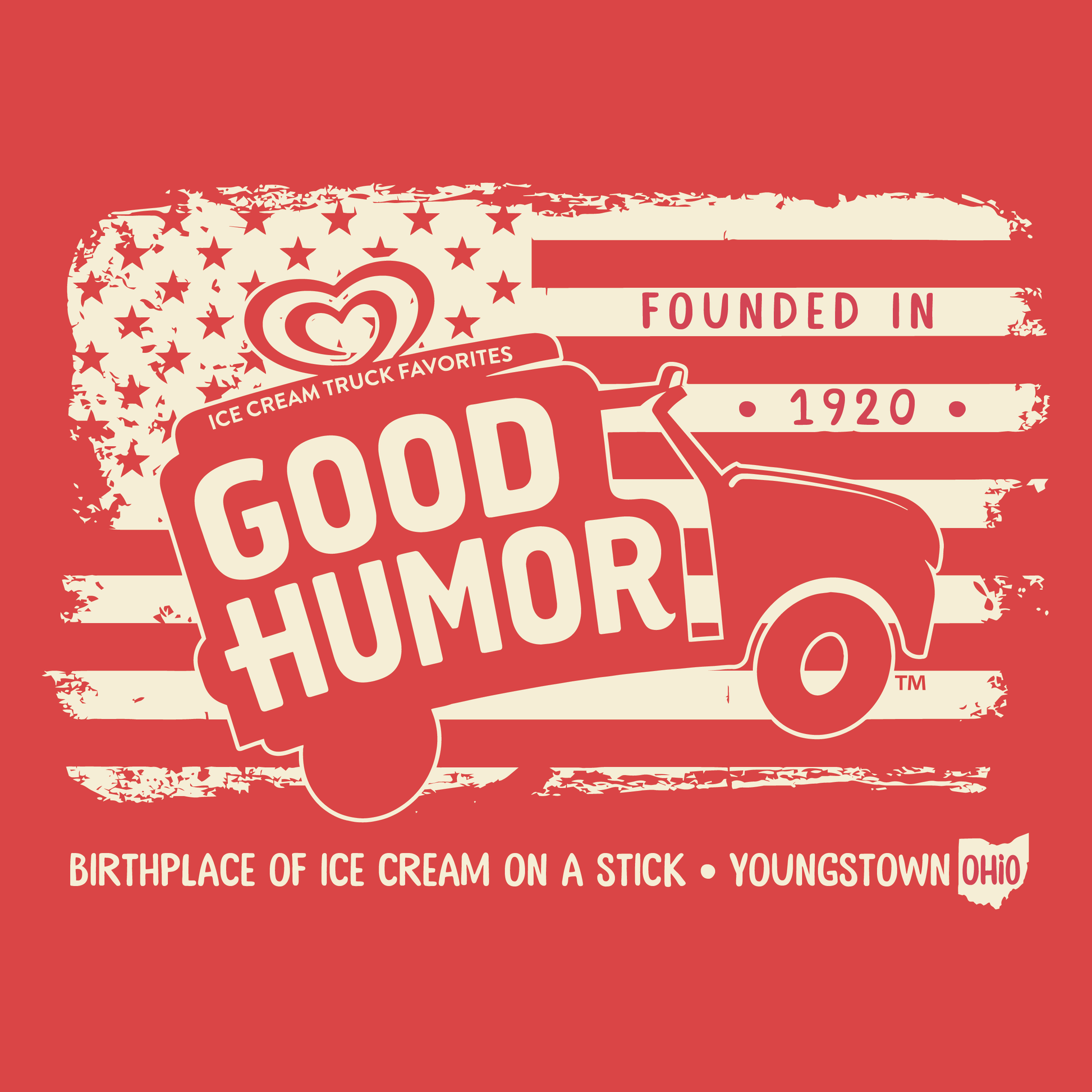 Vintage Good Humor™ Ice Cream Since 1920 artwork featuring a classic ice cream truck, distressed American flag elements, and nostalgic branding.