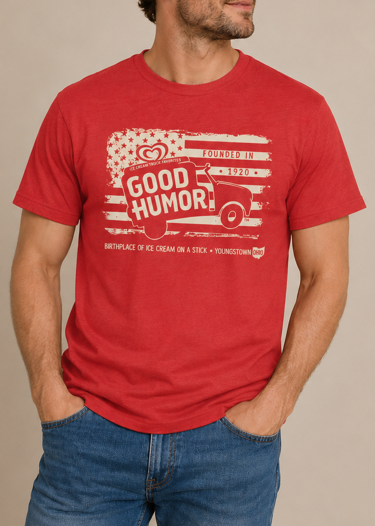 Man wearing a Good Humor™ Ice Cream Since 1920 Front Print Tee showcasing a retro ice cream truck graphic and classic Americana-inspired design.