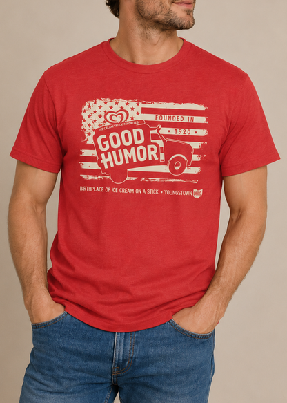Man wearing a Good Humor™ Ice Cream Since 1920 Front Print Tee showcasing a retro ice cream truck graphic and classic Americana-inspired design.