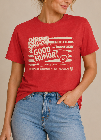Woman wearing a Good Humor™ Ice Cream Since 1920 Front Print Tee featuring vintage ice cream truck artwork and nostalgic Americana styling.