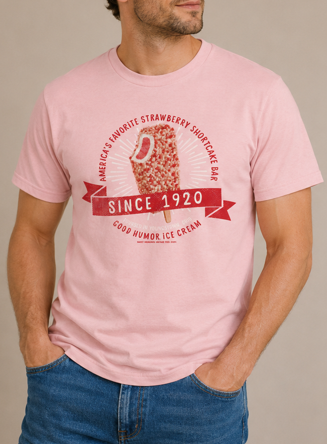 Man wearing a Good Humor™ Ice Cream Strawberry Shortcake 1920 Tee showcasing a vintage strawberry shortcake ice cream bar design.