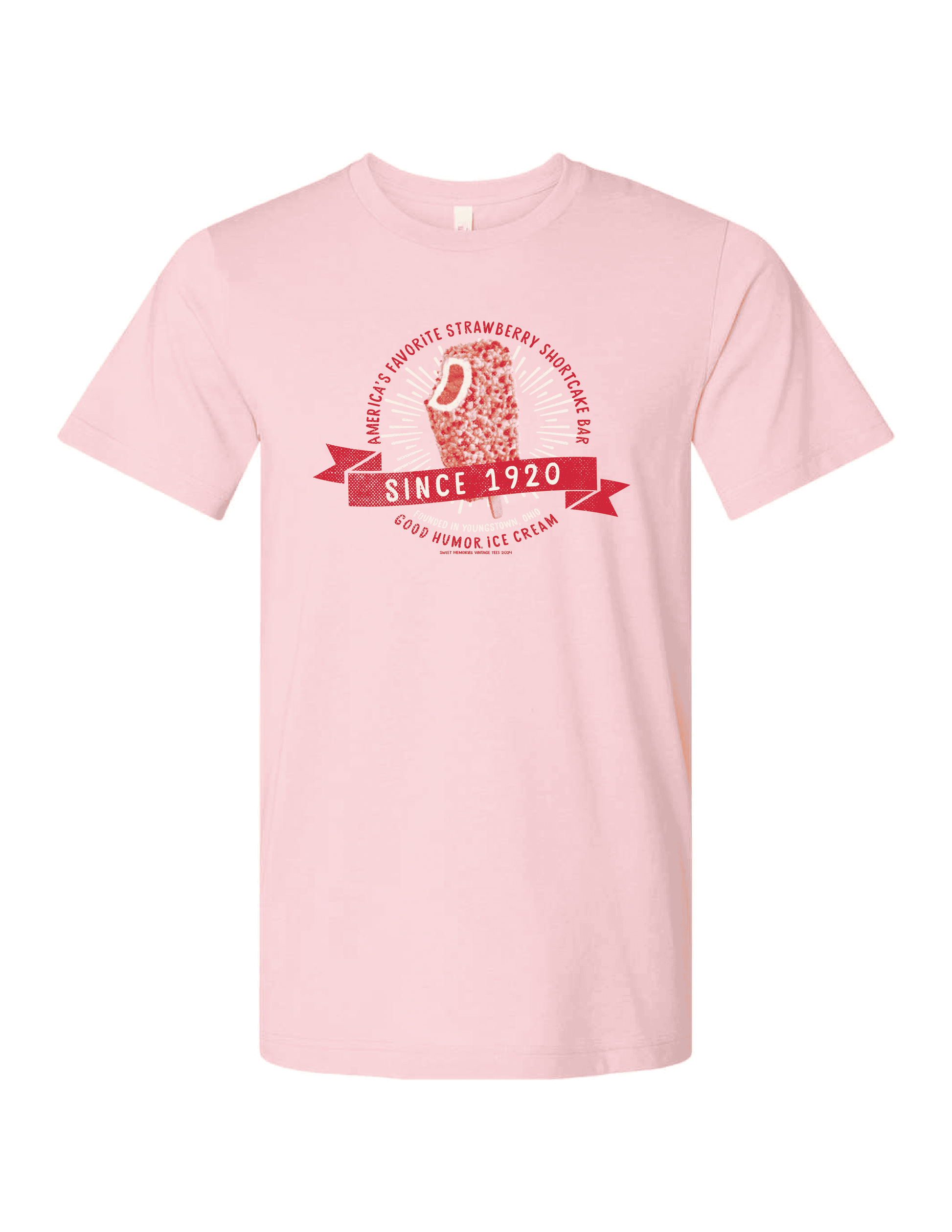 Good Humor™ Ice Cream Strawberry Shortcake 1920 Tee featuring a classic strawberry shortcake ice cream bar graphic and vintage-inspired nostalgic artwork.