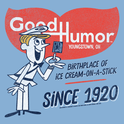 Vintage Good Humor™ Retro Man back artwork featuring nostalgic ice cream-themed graphics, classic branding, and Youngstown, Ohio heritage elements.