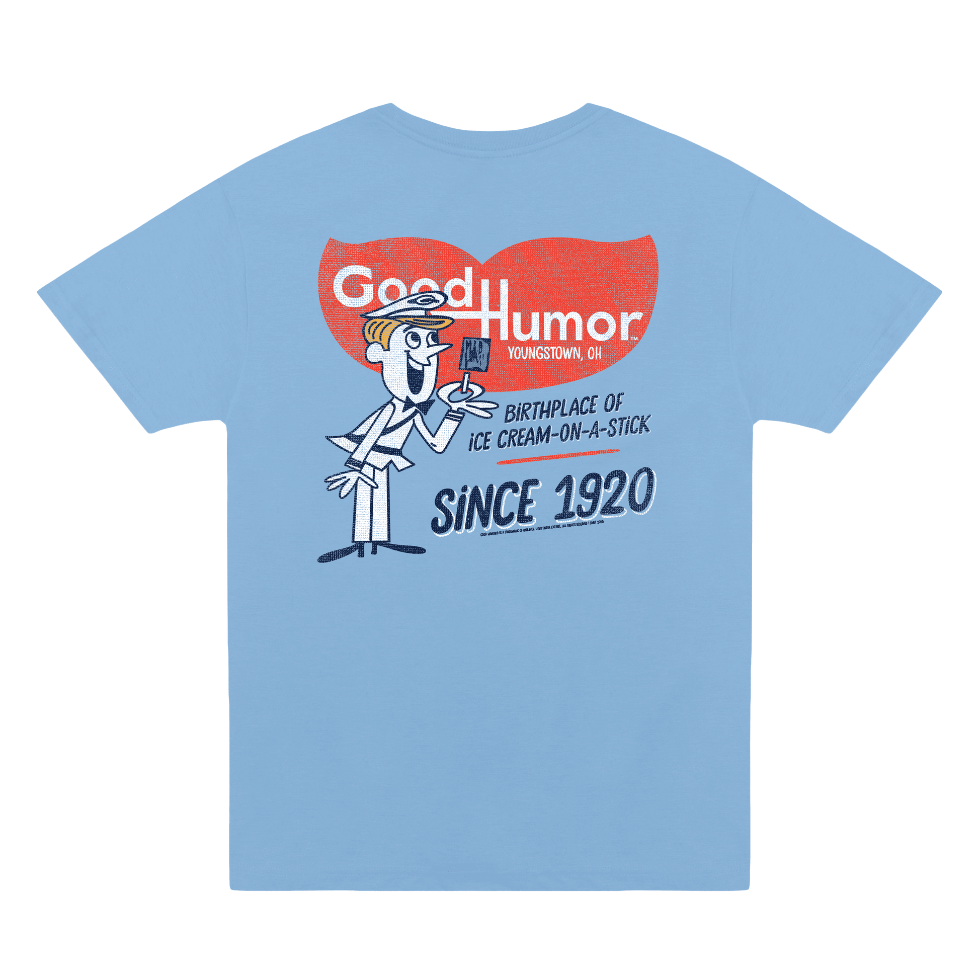 Good Humor™ Retro Man Ice Cream Front & Back Tee featuring the iconic Good Humor character, vintage ice cream truck branding, and nostalgic Youngstown, Ohio-inspired artwork.