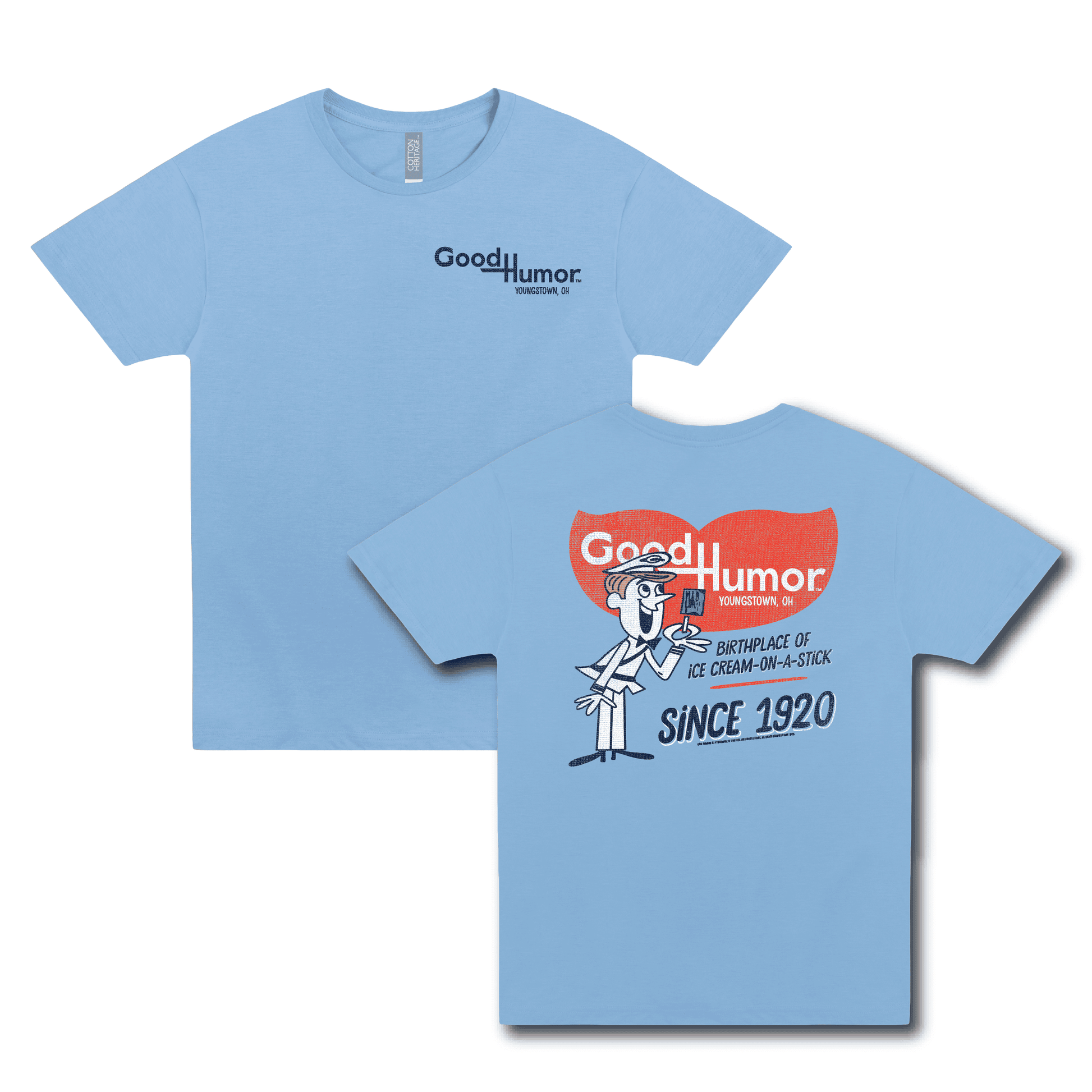 Good Humor™ Retro Man Ice Cream Front & Back Tee featuring the iconic Good Humor character, vintage ice cream truck branding, and nostalgic Youngstown, Ohio-inspired artwork.